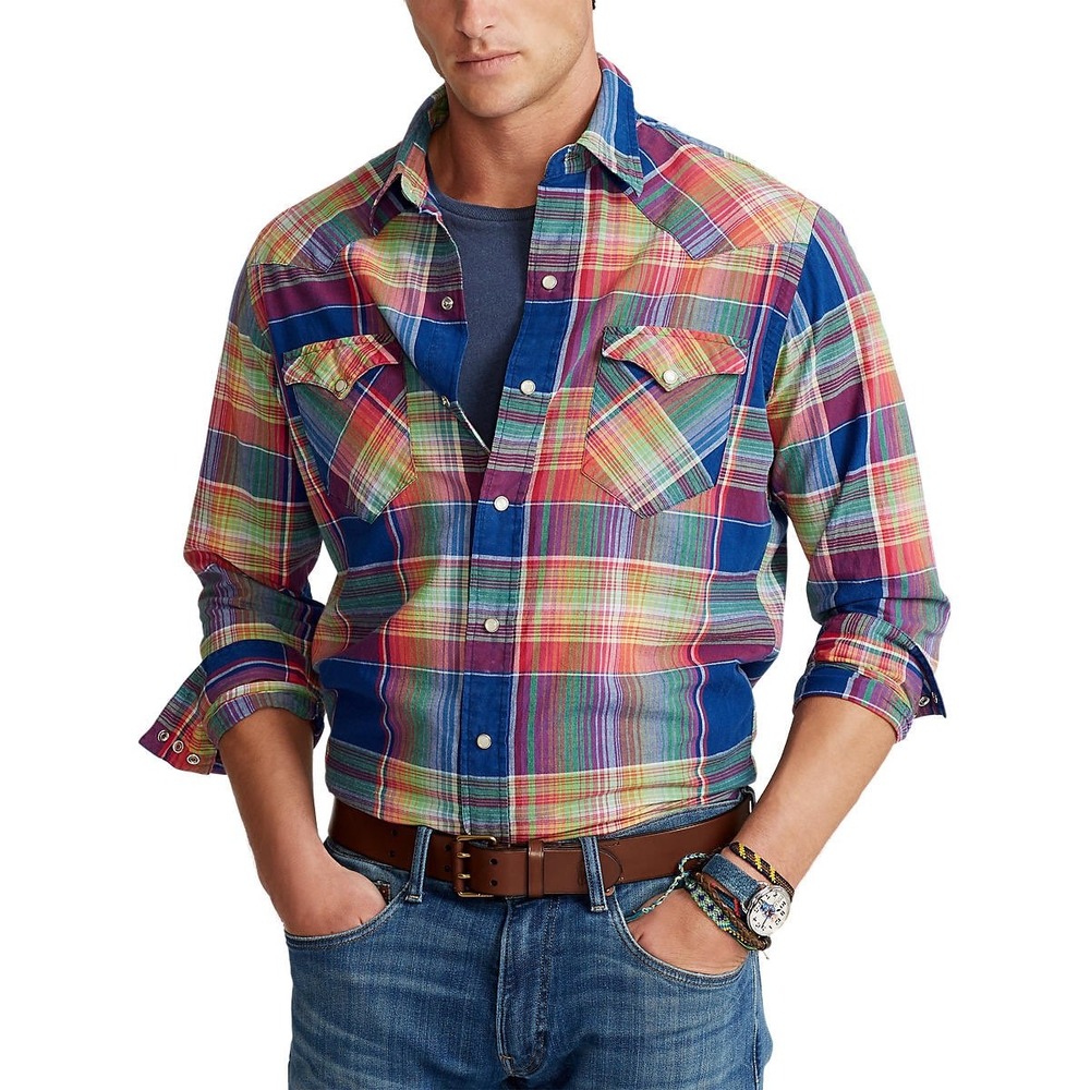 Polo Ralph Lauren Indian Madras Western Shirt L Plaid Pearl Snap Classic Fit
